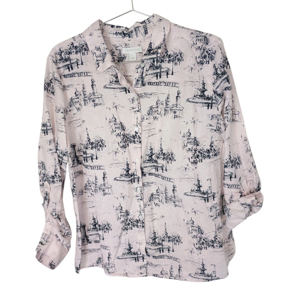 Charter Club Pink Navy Architectural Toile Slub Roll Tab Button Down Shirt L